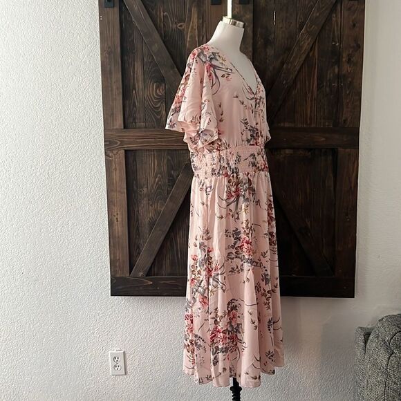 New Plus Size Floral Bohemian High Waist V Neck Long Summer Dress Dusty Pink - Picture 5 of 12